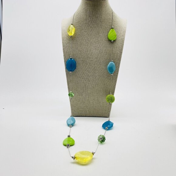 Beaded Station Necklace Silver Tone Blue Green Yellow Beach Coastal - Picture 7 of 7